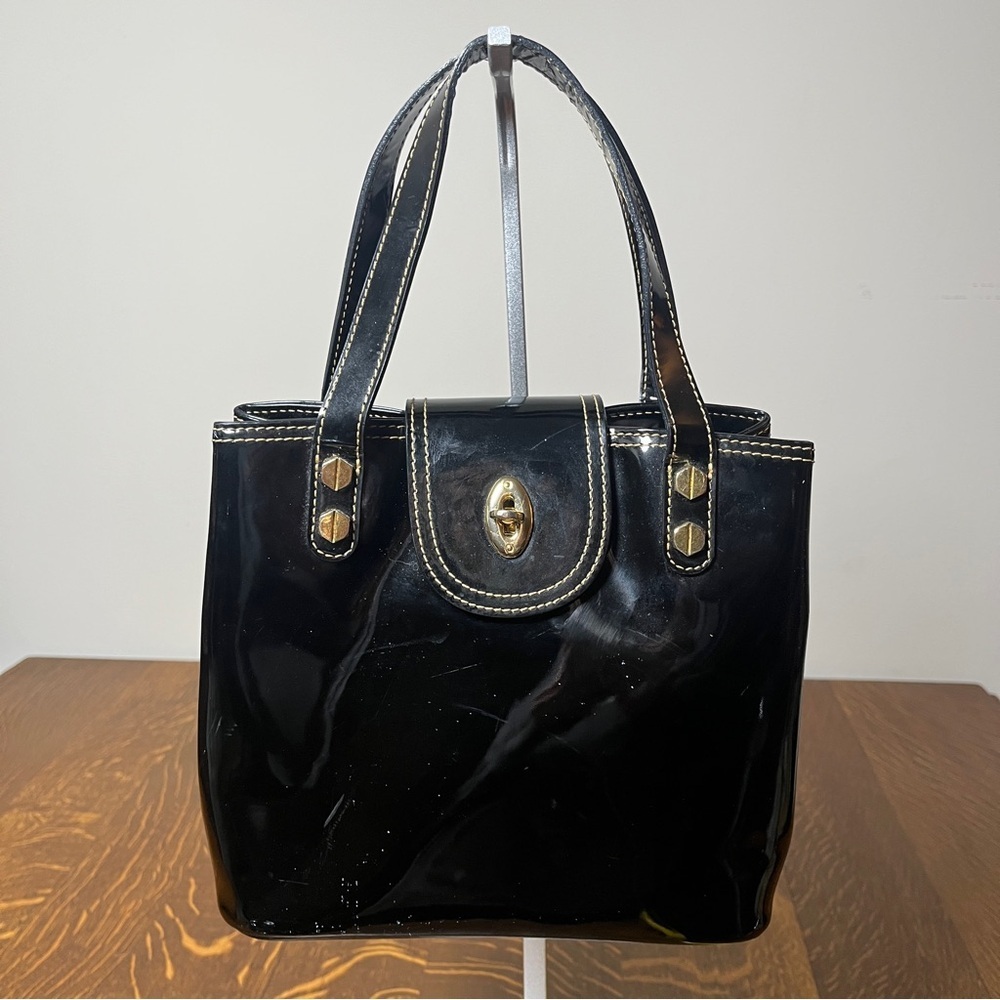 Eric Javits Squishee Black Patent Tote with Gold Hardware - Picture 3 of 9